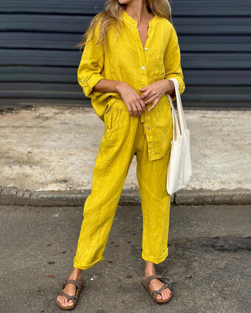 Alan™ | Katoen en linnen overhemd en broek met V-hals