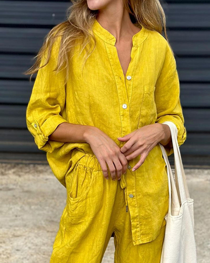 Alan™ | Katoen en linnen overhemd en broek met V-hals