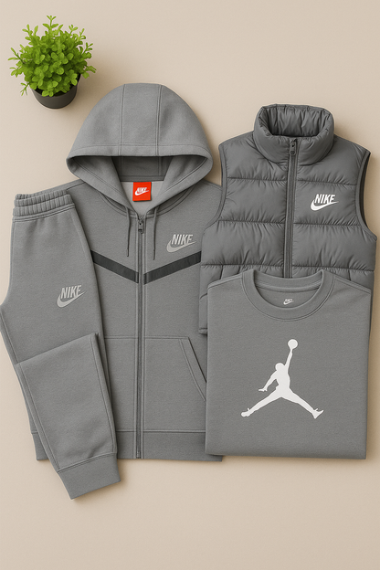 NK™ Full Outfit Bundle in Gray – Hoodie, Joggers, Puffer Vest & Jordan T-Shirt